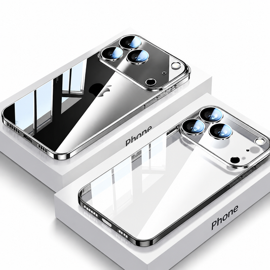 A dark phone and an empty silver-edged clear case lie on white boxes marked Phone. Bright window reflections stretch across the glossy backs and raised lens borders.