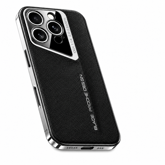 A black pebbled phone case stands at an angle on white. Shiny silver-colored trim outlines its edges and slanted three-lens camera surround, with lettering down the back.