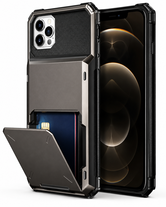 Front and rear views of a rugged gray-and-black phone case stand together on a white background. A rectangular door on the lower back folds outward, exposing a blue card in the storage compartment. The rear camera panel has three lenses, while the front screen shows overlapping gold circular shapes.