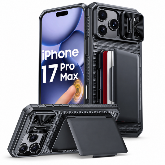 Black phone case shown from the front, rear and sideways on an extended stand, with a geometric back texture, card compartment and sliding camera cover.