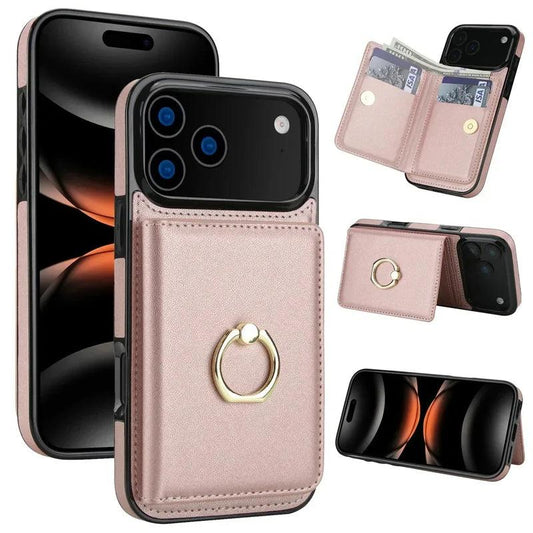 Pale pink leather-look case shown from the front and back, with a gold-colored ring on its rear wallet. Insets show card and cash storage and the wallet folded into a horizontal stand.
