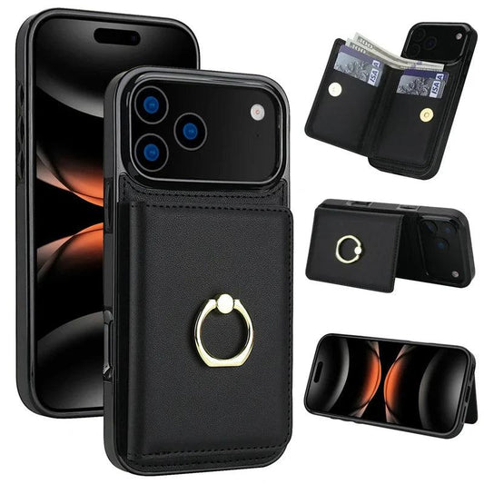 Black leather-look case shown from the front and back, with a gold-colored ring on its rear wallet. Insets show card and cash storage and the wallet folded into a horizontal stand.