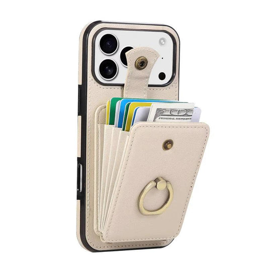 Cream leather-look phone case with an accordion rear wallet expanded to reveal colorful cards and cash. A snap strap opens above the wallet, and a gold-colored ring sits on its front.