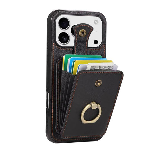 Black leather-look phone case with an accordion rear wallet expanded to reveal colorful cards and cash. A snap strap opens above the wallet, and a gold-colored ring sits on its front.