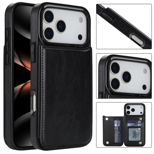Front and rear views of a black wallet phone case stand together on a white background. A stitched rectangular flap covers the rear card compartment beneath a wide pale three-lens camera panel. Three smaller panels at right show a side button, the raised camera border, and the wallet opened to reveal cards.