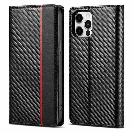 Front and back views show a black stitched wallet phone case with a diagonal carbon-fiber-like pattern. A vertical red stripe borders a plain black strip along the front cover's right side.
