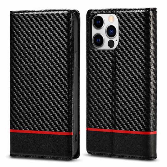 Front and back views show a black stitched wallet phone case with a diagonal carbon-fiber-like pattern. A thin horizontal red stripe separates the patterned surface from a plain black section at the bottom.