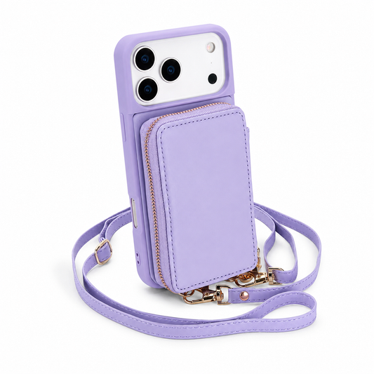 A lavender wallet phone case stands beside matching long and wrist straps, with a gold-colored zipper around its rectangular back pouch.