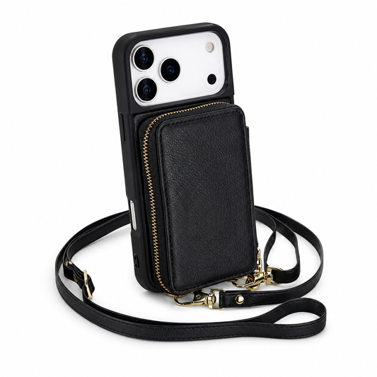 A black wallet phone case stands on white beside matching long and wrist straps. A rectangular stitched pouch with a gold-colored zipper covers the back below the camera panel.