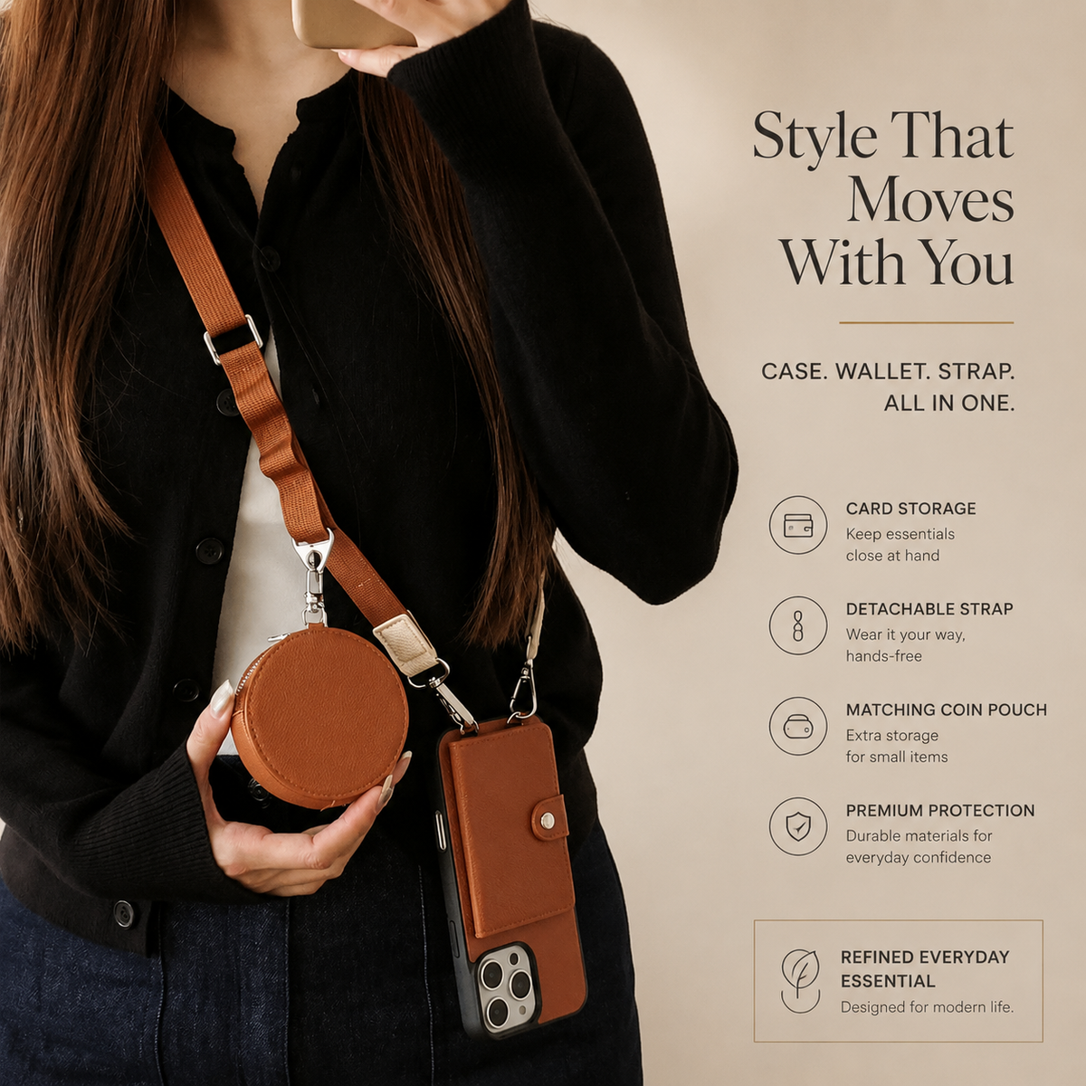 A cropped woman in a black top and dark jeans wears a brown strap diagonally across her torso. A brown wallet phone case hangs near her hip with its camera panel at the bottom, and she holds the matching round zippered pouch. Text reads 'Style That Moves with You,' beside four feature icons.
