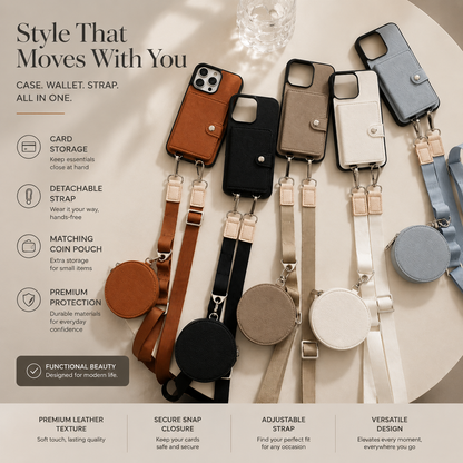 Five wallet phone cases with attached straps and matching round zippered pouches are arranged across a pale tabletop in brown, black, taupe, white, and blue. Some camera openings are empty, while one contains a phone. Text at left reads 'Style That Moves with You,' above feature icons and a lower strip of material and strap captions.
