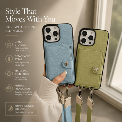 Blue and olive green wallet phone cases stand side by side near a window against a pale background. Their stitched rear card flaps are closed, with silver-colored snaps and matching straps clipped to the lower loops. Text at left reads 'Style That Moves with You,' beside four feature icons.