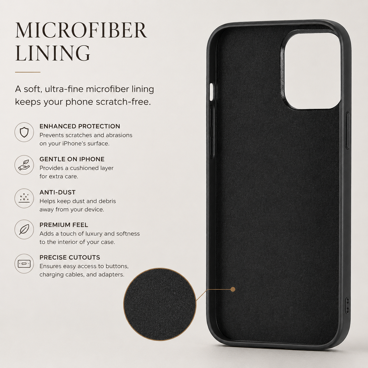 Interior of a black phone case with a dark textured lining and large camera opening. A circular detail shows the lining; text describes microfiber cushioning, protection and precise cutouts.