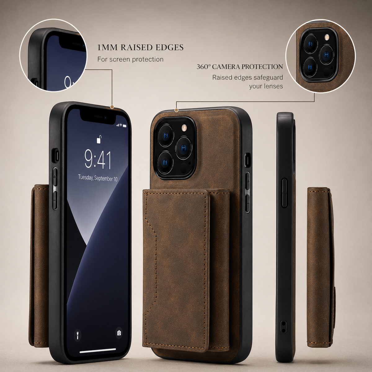 Brown wallet phone case shown from front, back and side with circular screen and camera details. Text labels 1 mm raised screen edges and 360-degree camera protection.