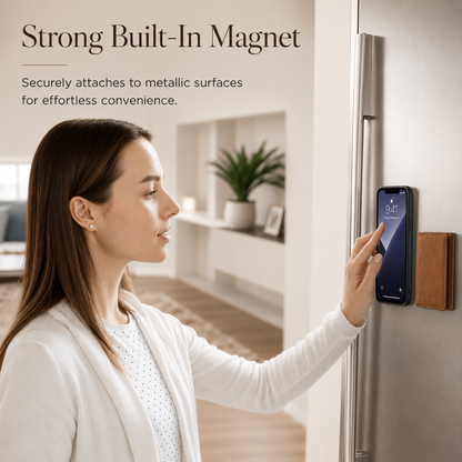 A person touches a phone attached upright to a stainless steel refrigerator beside its detached brown wallet. Text claims a strong built-in magnet for attachment to metallic surfaces.
