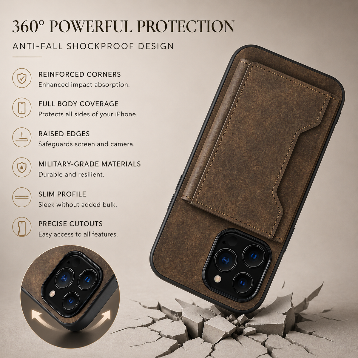 Brown wallet phone case illustrated striking cracked ground beside a camera-corner inset. Text claims reinforced corners, full-body coverage, raised edges and shockproof protection.