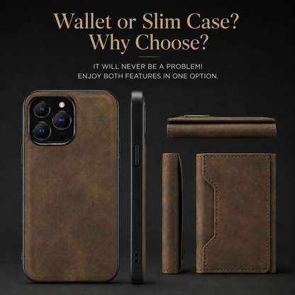 Brown slim phone case shown beside a detached wallet in front, side and folded views. The heading asks Wallet or Slim Case? Why Choose? and promotes both functions in one.