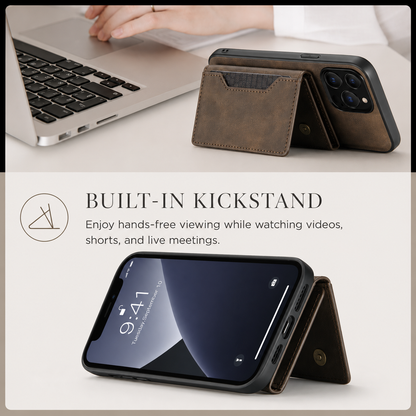 Brown wallet phone case folded into a horizontal stand beside a laptop, with a second front view below. Text describes a built-in kickstand for hands-free videos and meetings.