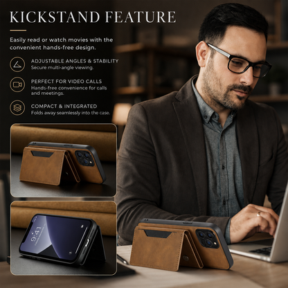 A person works on a laptop beside a tan wallet phone case propped horizontally, with inset stand views. Text promotes adjustable viewing angles, video calls and a compact integrated kickstand.