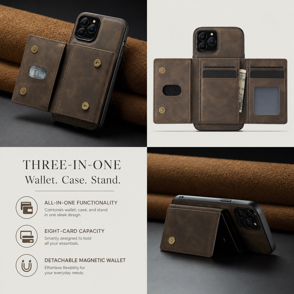 Three views show a brown wallet phone case partly opened, fully opened with cards and cash, and folded as a stand. Text labels three-in-one wallet, case and stand functions.