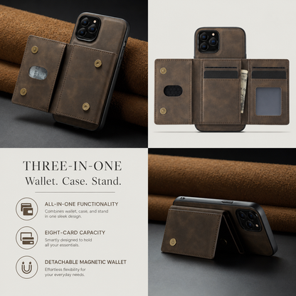 Three views show a brown wallet phone case partly opened, fully opened with cards and cash, and folded as a stand. Text labels three-in-one wallet, case and stand functions.