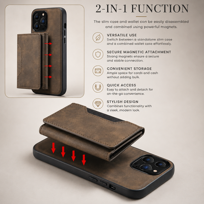 Brown wallet separates from the back of a phone case in two illustrated views, with red arrows marking magnetic attachment. Text describes a two-in-one detachable case and wallet.