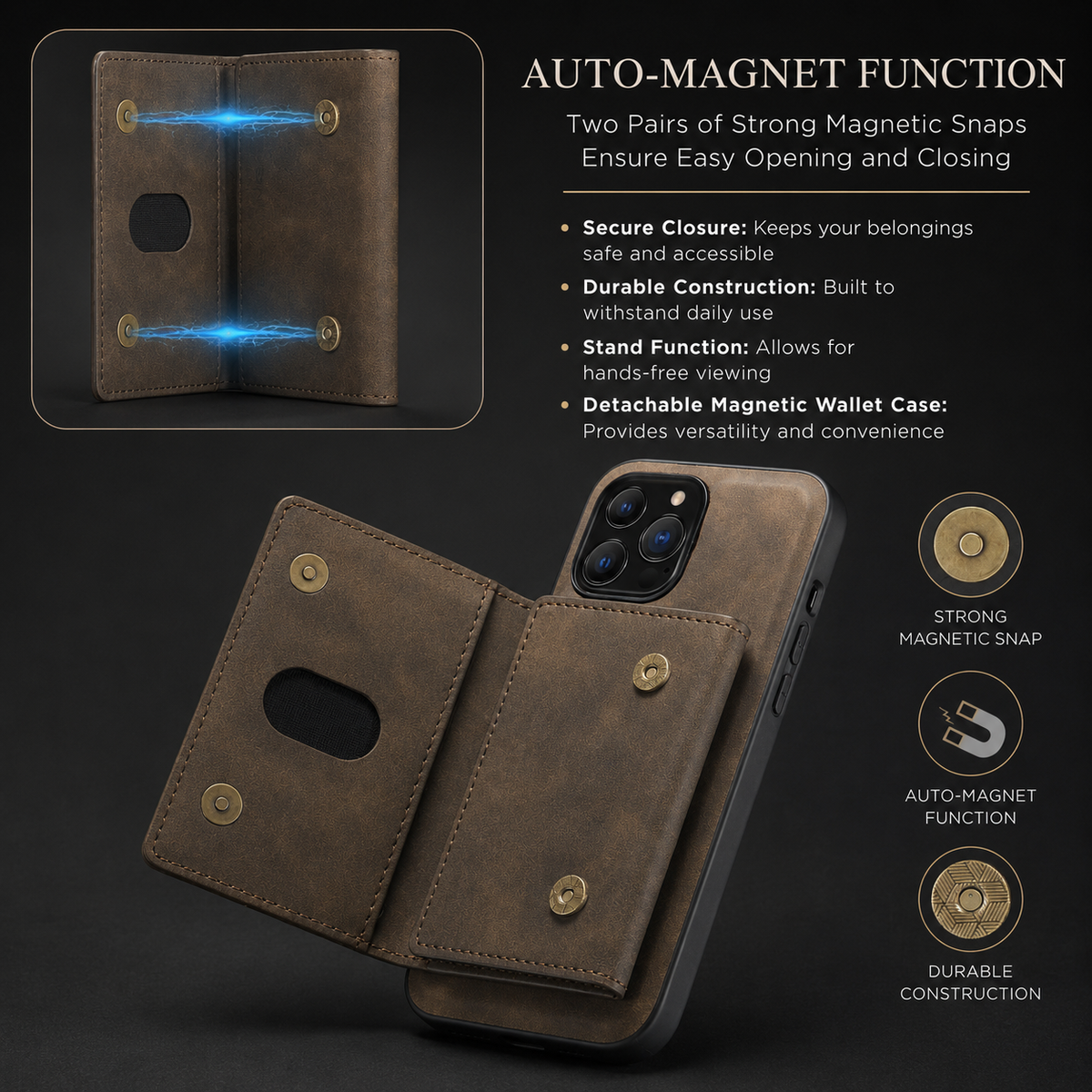 Open brown wallet phone case with gold-colored snaps, plus a flat-wallet inset with glowing lines between snap pairs. Text advertises two pairs of magnetic snaps and detachable wallet functionality.