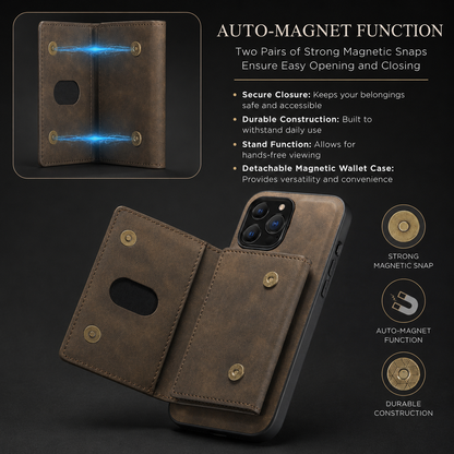 Open brown wallet phone case with gold-colored snaps, plus a flat-wallet inset with glowing lines between snap pairs. Text advertises two pairs of magnetic snaps and detachable wallet functionality.
