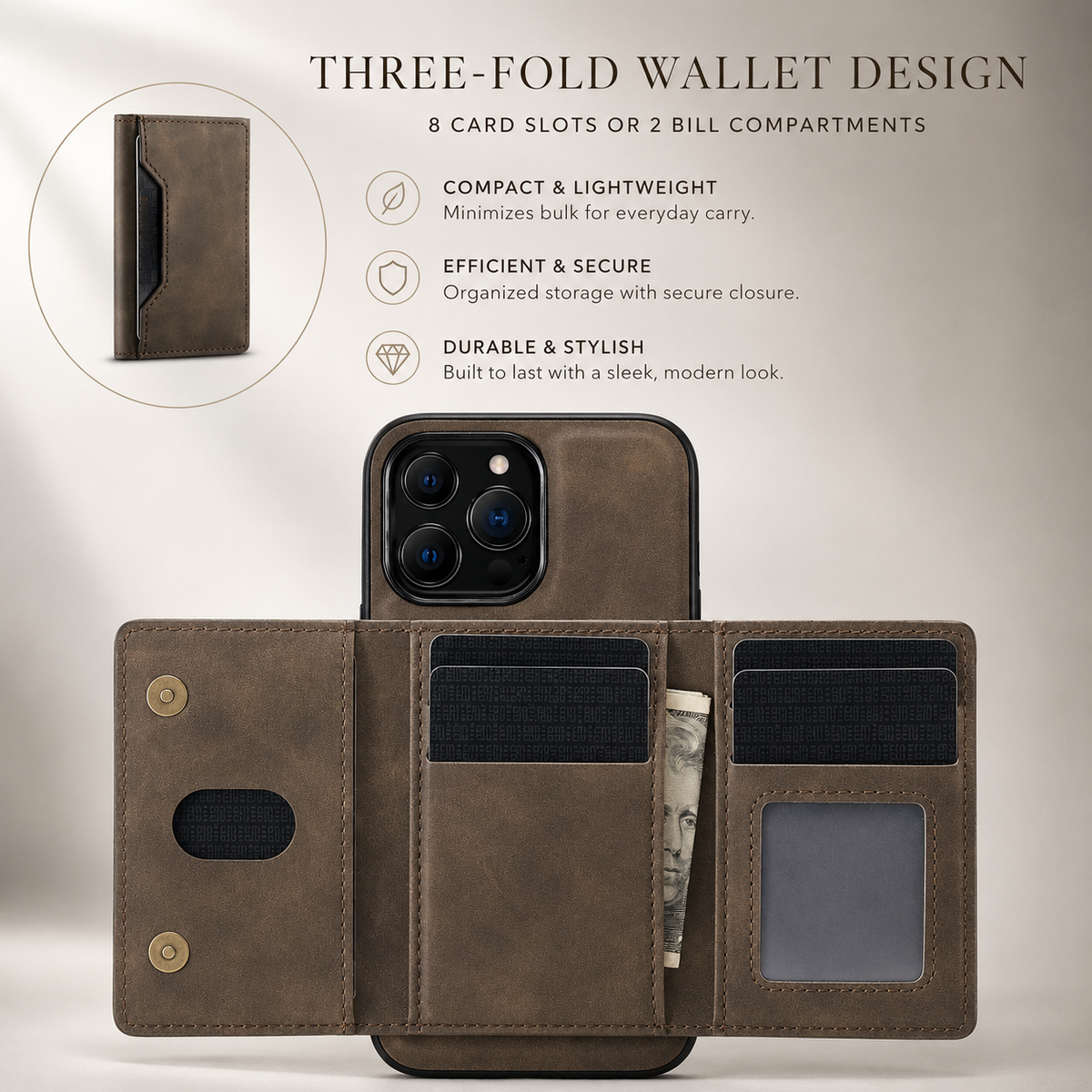 Brown wallet phone case opened into three panels, showing black cards, folded cash and an empty ID window. Text describes eight card slots or two bill compartments.