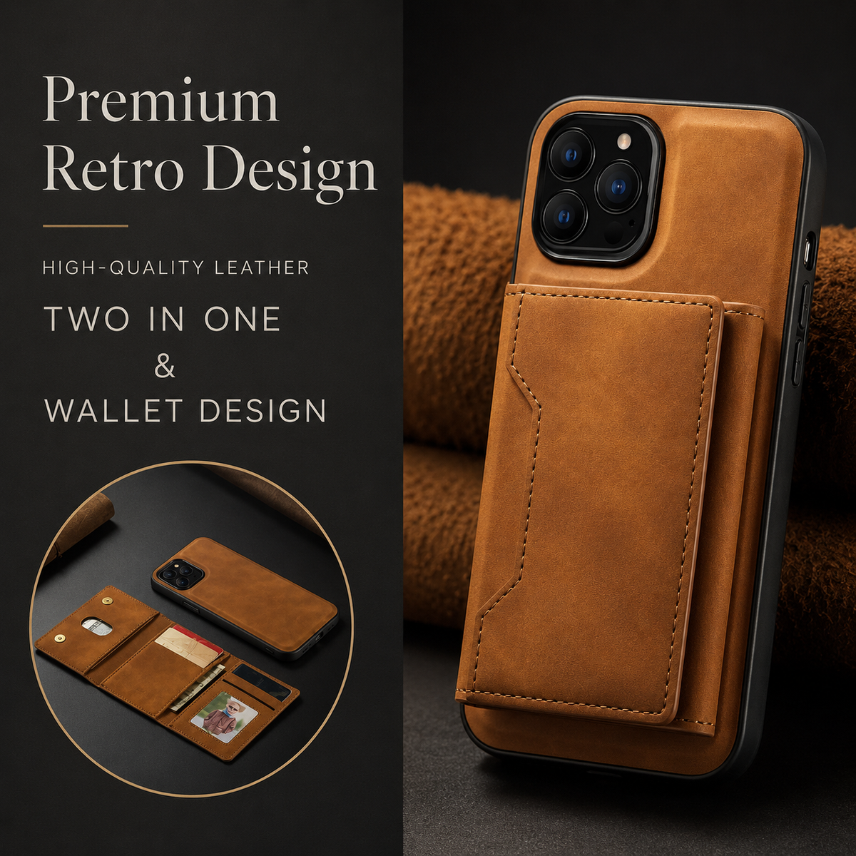 Tan wallet phone case with a stitched rear wallet against brown material. A circular inset shows it detached and opened with cards and a photo; text advertises a retro two-in-one design.