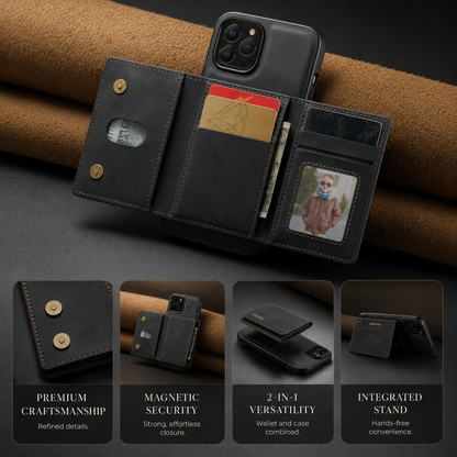 Open black wallet phone case showing colored cards, cash and a photo ID window. Four smaller views highlight stitching, magnetic snaps, detachable wallet use and an integrated stand.