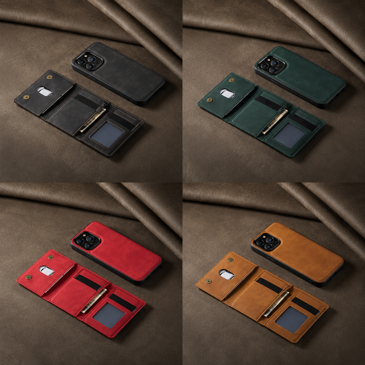 Four-panel display shows black, teal, red and tan slim cases beside their detached, fully opened wallets on brown fabric. Each wallet has card slots, a snap flap and an ID window.