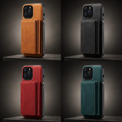Four-panel display shows tan, black, red and teal wallet phone cases standing on dark shelves, with rectangular stitched wallets attached to their backs.