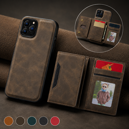 Brown slim phone case stands beside its detached open wallet with cards and a photo ID window. A circular inset shows the assembled open case; five color swatches appear below.