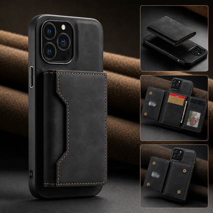 Black wallet phone case stands with the rear wallet closed, beside smaller views of wallet separation and its open card, cash and photo compartments.