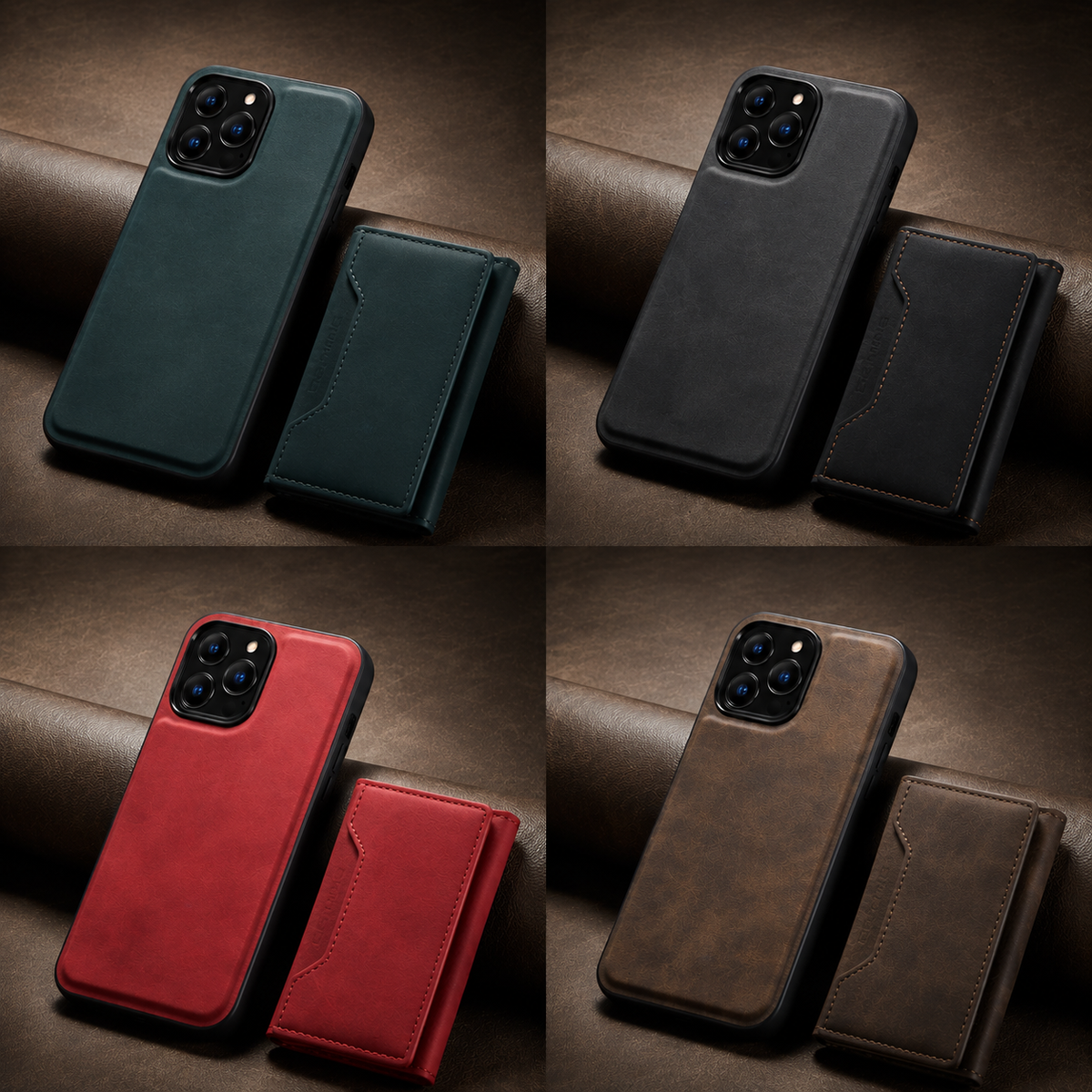 Four-panel display shows teal, black, red and brown phone cases standing beside matching detached folded wallets against rolled brown material.