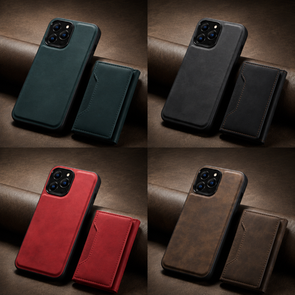 Four-panel display shows teal, black, red and brown phone cases standing beside matching detached folded wallets against rolled brown material.