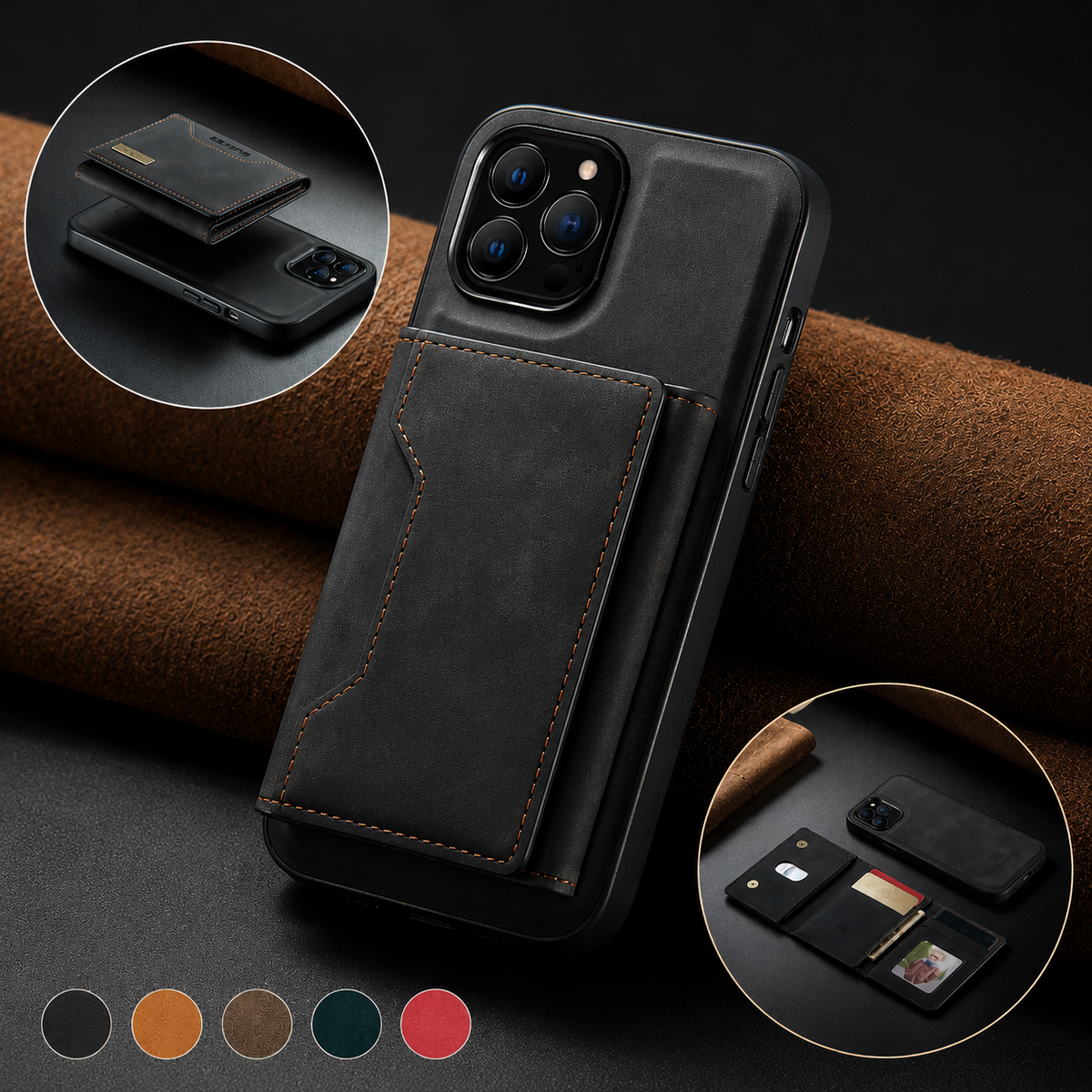Black wallet phone case leans against rolled brown material, with circular insets of the wallet lifting away and fully opened beside the slim case. Five color swatches appear below.