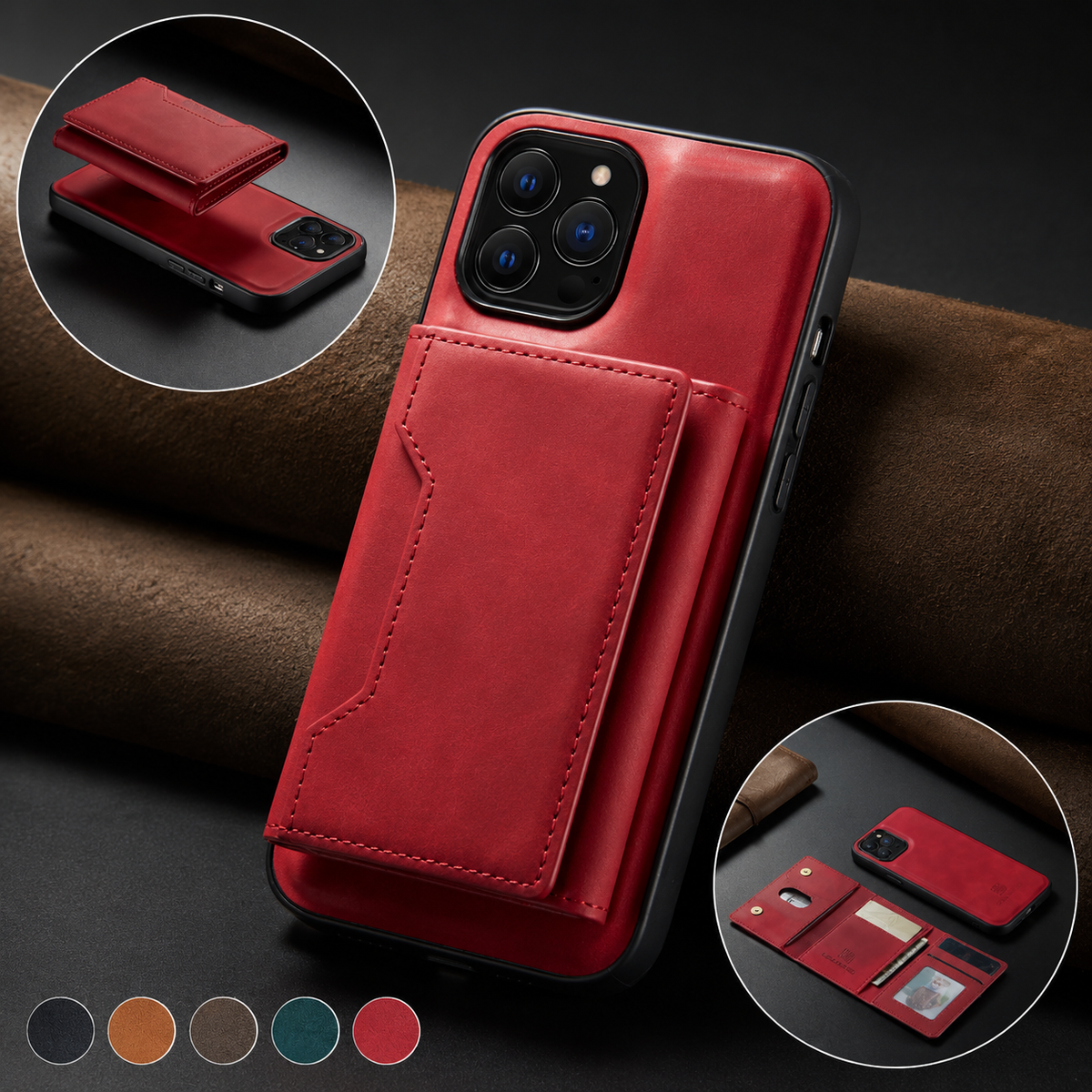 Red wallet phone case leans against rolled brown material, with circular insets of magnetic separation and the detached open wallet. Five color swatches show gray, tan, brown, teal and red.