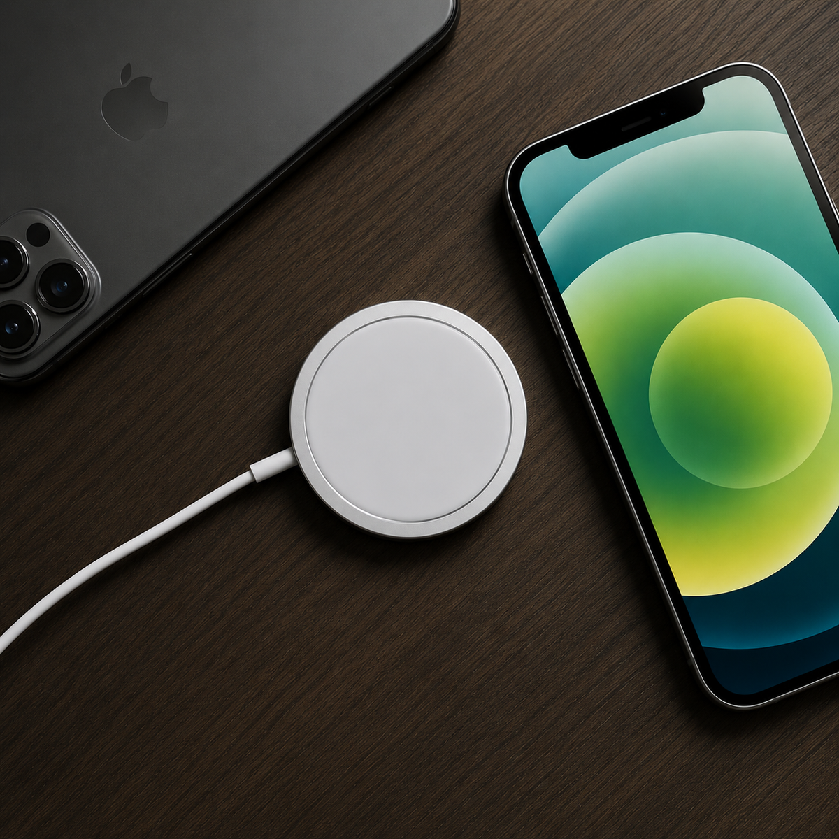 Phone with a green circular wallpaper lies on a wooden desk beside a white wireless charging puck and cable, with part of another dark phone visible at the upper left.