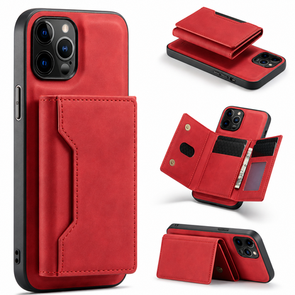 Red leather-look phone case with a stitched rear wallet and black bumper, shown beside detached, open and horizontal-stand views.