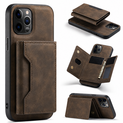 Distressed brown leather-look phone case with a stitched rectangular rear wallet, plus smaller views of the detached wallet, open compartments and folded horizontal stand.
