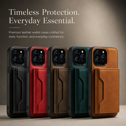 Black, red, brown, teal and tan wallet phone cases stand in a row against beige. Each has a stitched rectangular rear wallet; text promotes everyday protection and essentials.