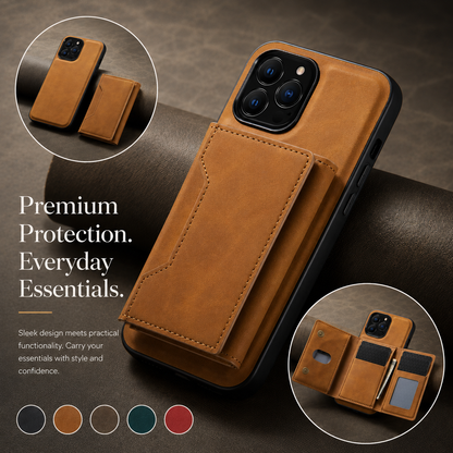 Tan wallet phone case leaning against brown material, with insets of the separated wallet and open card compartments. Text promotes protection and practical everyday storage.