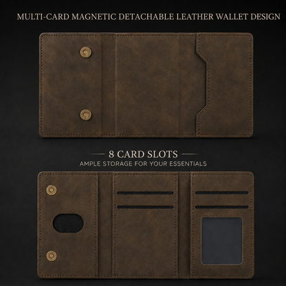 Brown three-panel detachable wallet shown closed and fully opened against black. Card slots, an ID window and two snap closures are visible beneath text advertising eight card slots.
