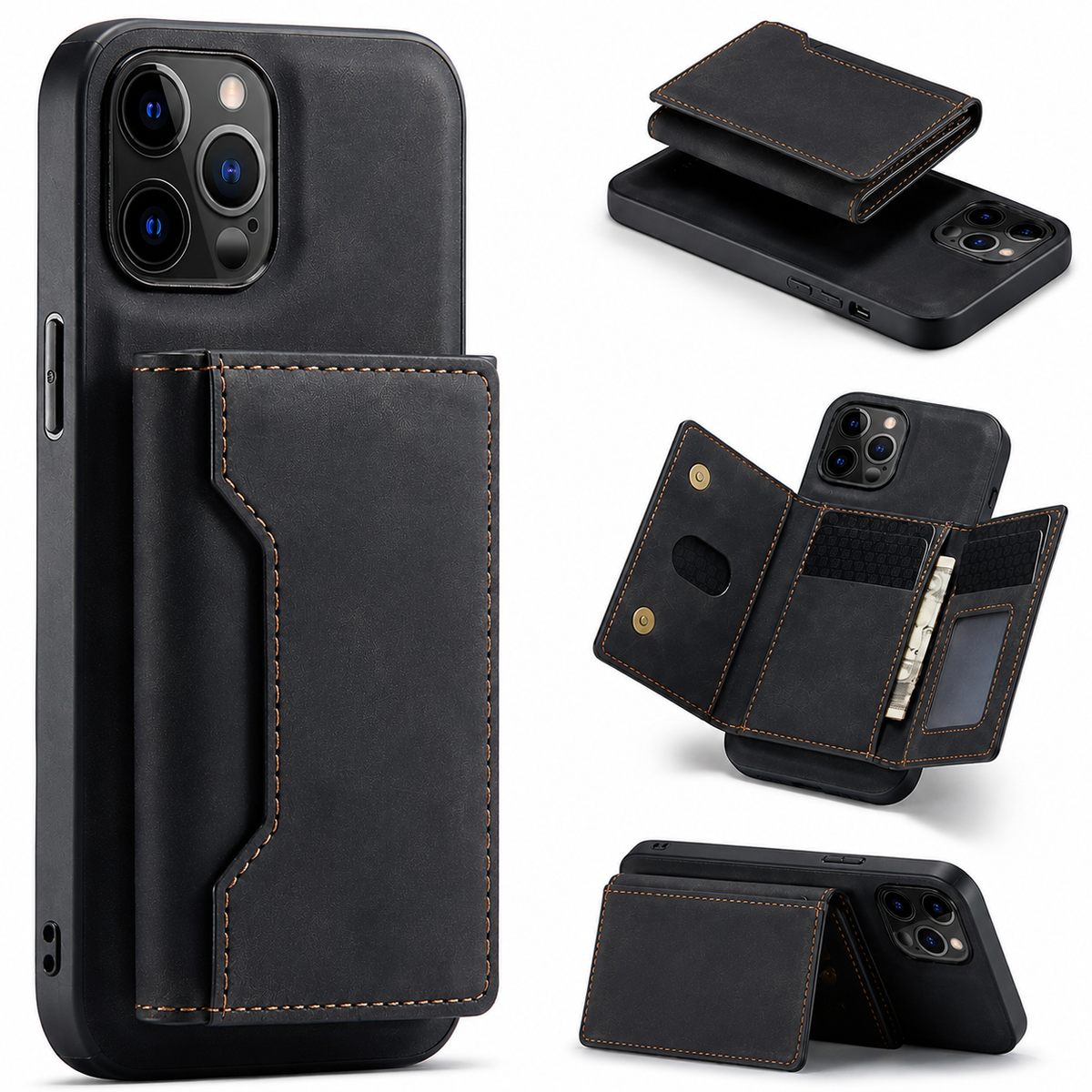 Black leather-look phone case with a rectangular stitched rear wallet, shown beside smaller views of the detached wallet, open card compartments and wallet folded into a horizontal stand.