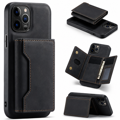 Black leather-look phone case with a rectangular stitched rear wallet, shown beside smaller views of the detached wallet, open card compartments and wallet folded into a horizontal stand.
