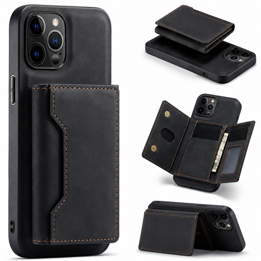 Black leather-look phone case with a rectangular stitched rear wallet, shown beside smaller views of the detached wallet, open card compartments and wallet folded into a horizontal stand.