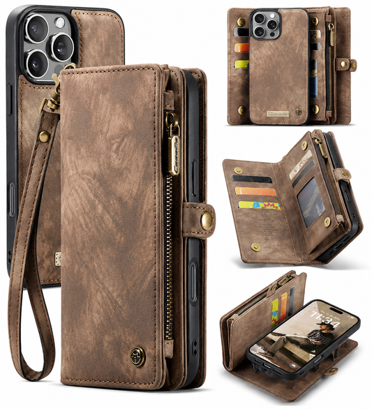 Several views of a tan mottled wallet phone case appear on white. The tall stitched cover has a side tab, gold zipper and matching wrist loop. Smaller views show its removable phone shell, open card slots and transparent ID pocket, and the cover folded to hold the phone horizontally.