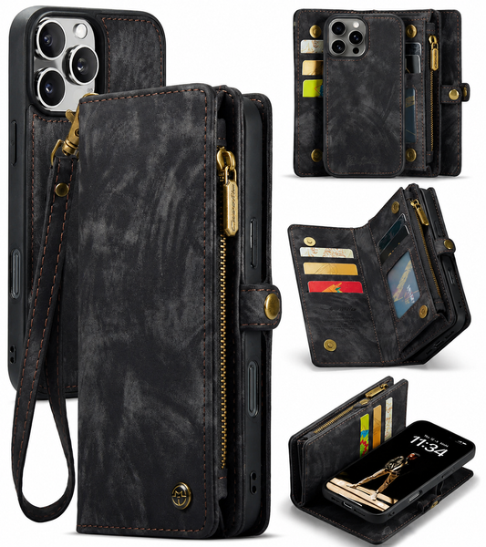 Several views of a charcoal mottled wallet phone case appear on white. The tall stitched cover has a side tab, gold zipper and matching wrist loop. Smaller views show its removable phone shell, open card slots and transparent ID pocket, and the cover folded to hold the phone horizontally.